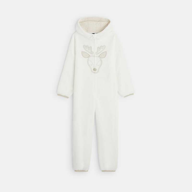 Combinaison-pyjama en polaire motif biche blanc fille