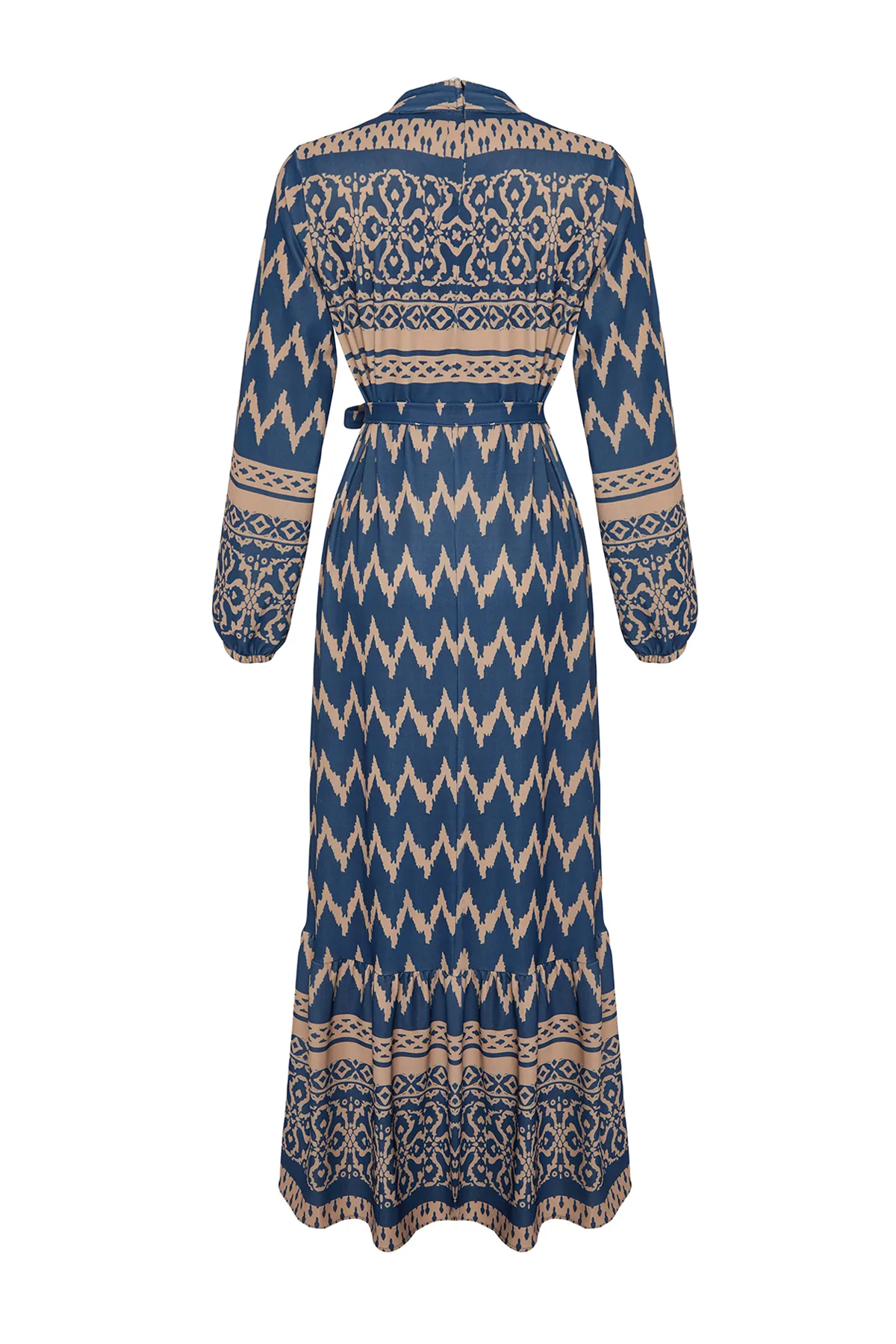 Trendyol Modest  Marineblaues gemustertes Kleid aus Viskosegewebe mit Gürtel TCTSS24EB00258