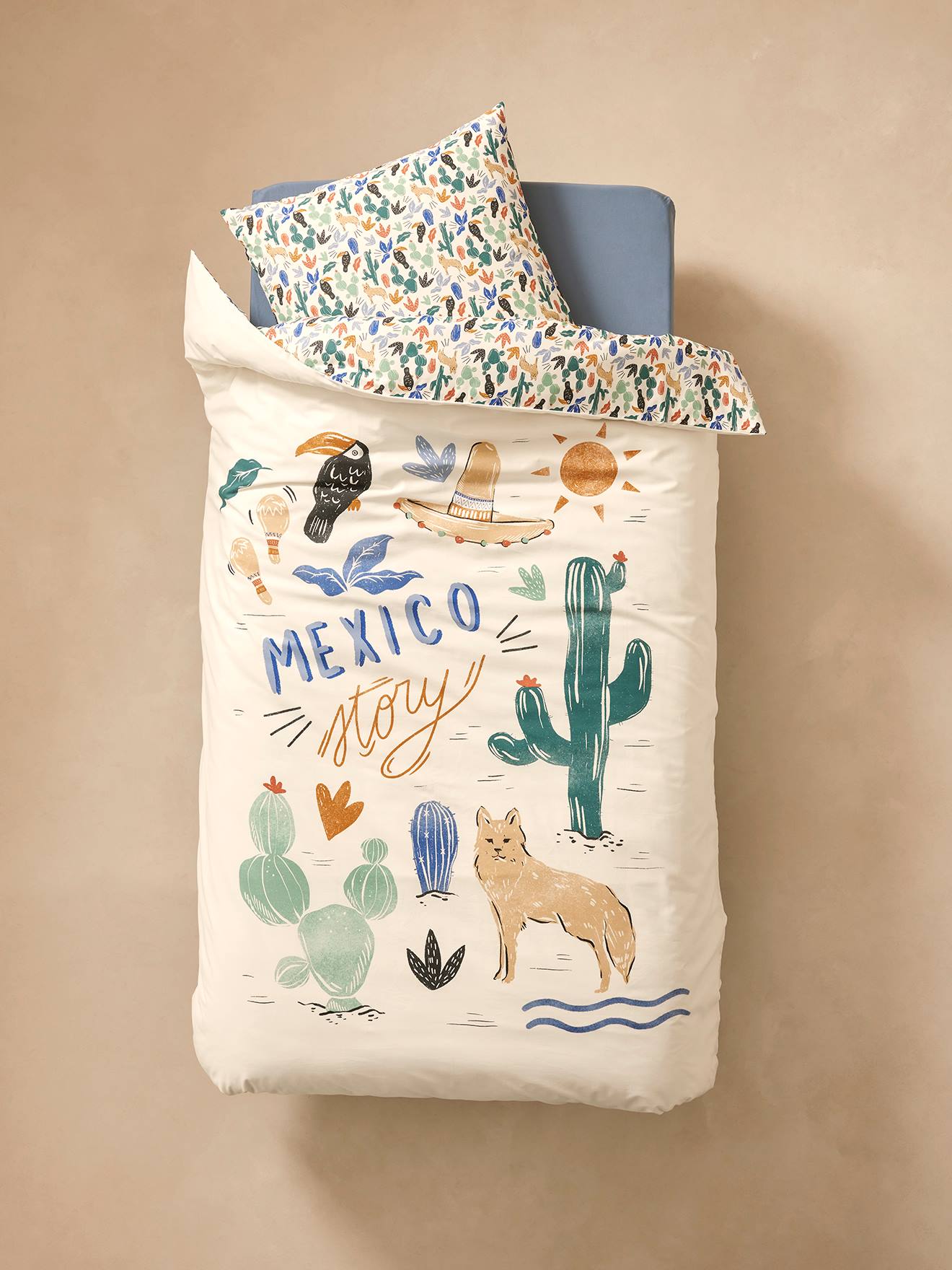 Vertbaudet Kinder Bettwäsche-Set MEXICO STORY mit Recycling-Baumwolle - mehrfarbig