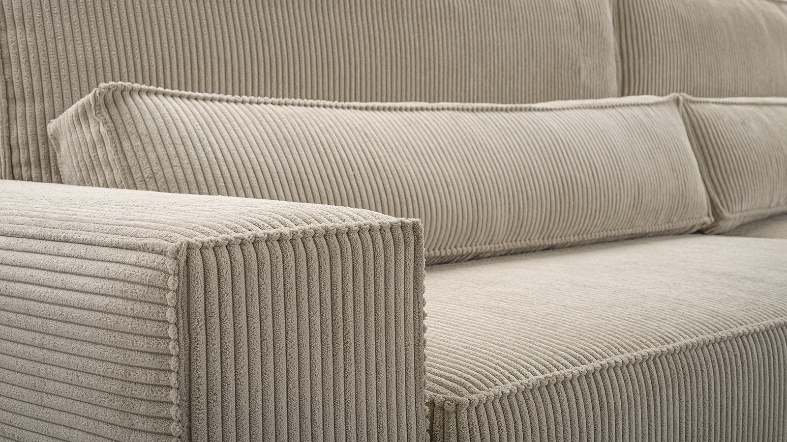 MOEBLO Ecksofa DENVER, Ottomane beidseitig montierbar Couch Cord für Wohnzimmer Schlafsofa Sofagarnitur Sofa Eckcouch L-Form Cordstoff - 297x85x185cm, mit Schlaffunktion und Bettkasten