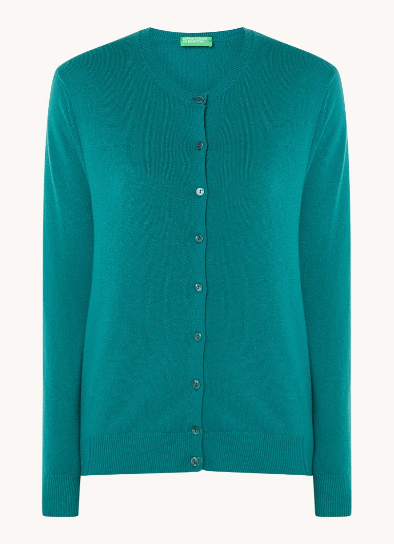 Cardigan Benetton cu guler rotund, confecționat din lână fină.