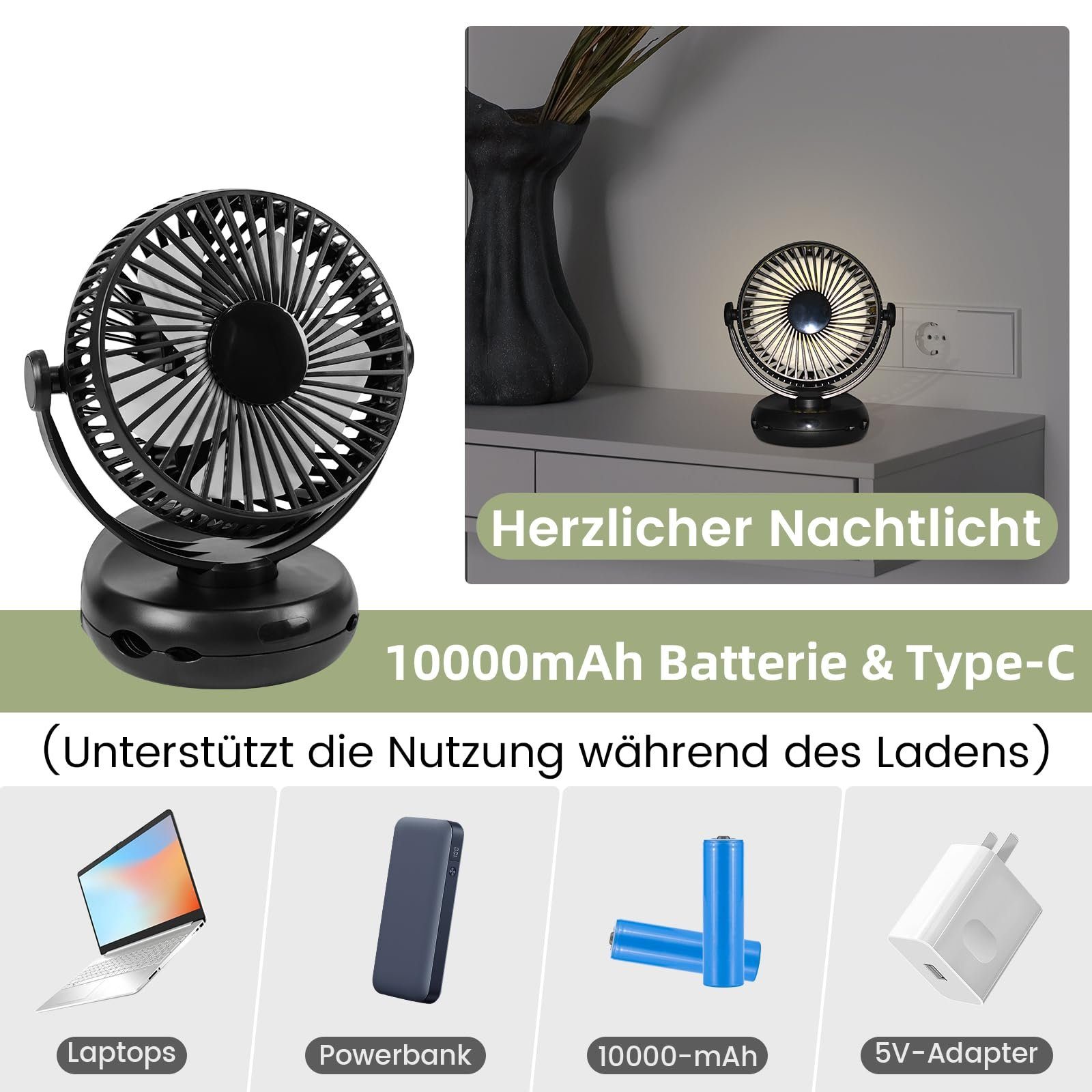ZMH Mini USB-Ventilator 4 Geschwindigkeiten 10000mAh Akku 360° Drehung Schwarz, Mit integrierten Klammer und dem klappbaren Haken