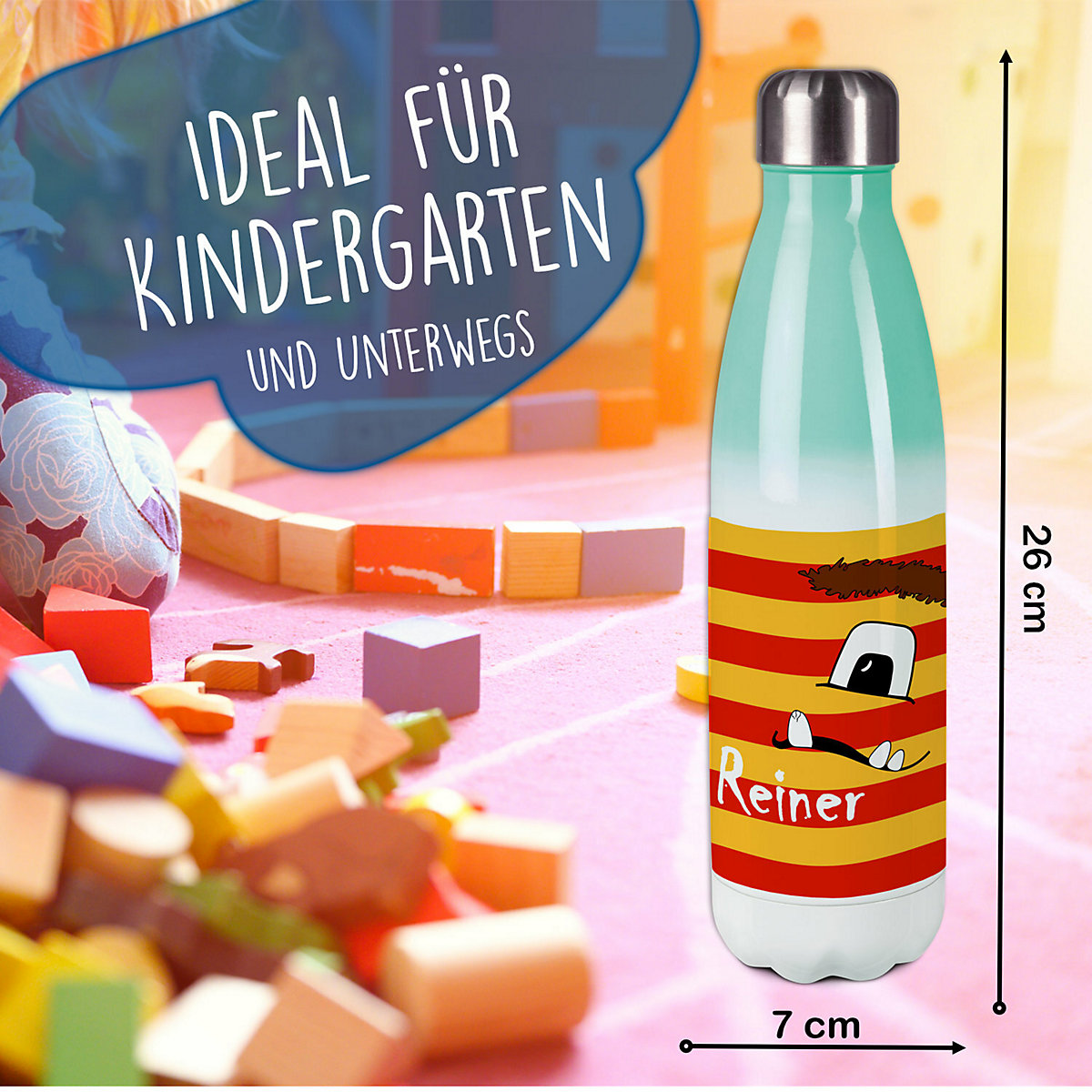 Edelstahl Kinder Thermoflasche / Trinkflasche bunt Monster Streifen Farbe rot gelb Spülmaschinenfest, Auslaufsicher, Bruchfest, Doppelwandig, Für Heißgetränke geeignet, Mit Deckel, Isoliert