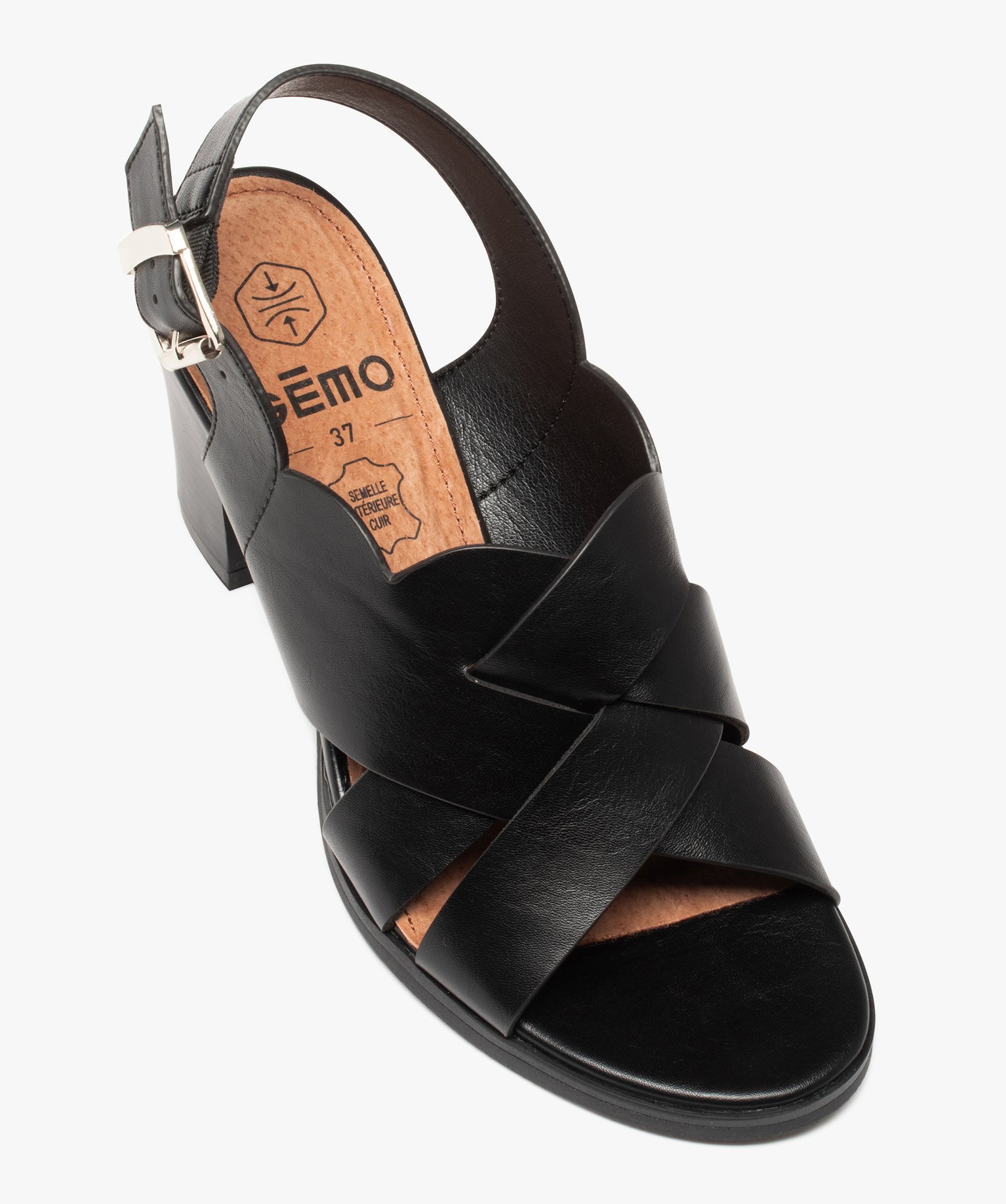 Sandales femme à talon dessus larges brides croisées noir | GEMO