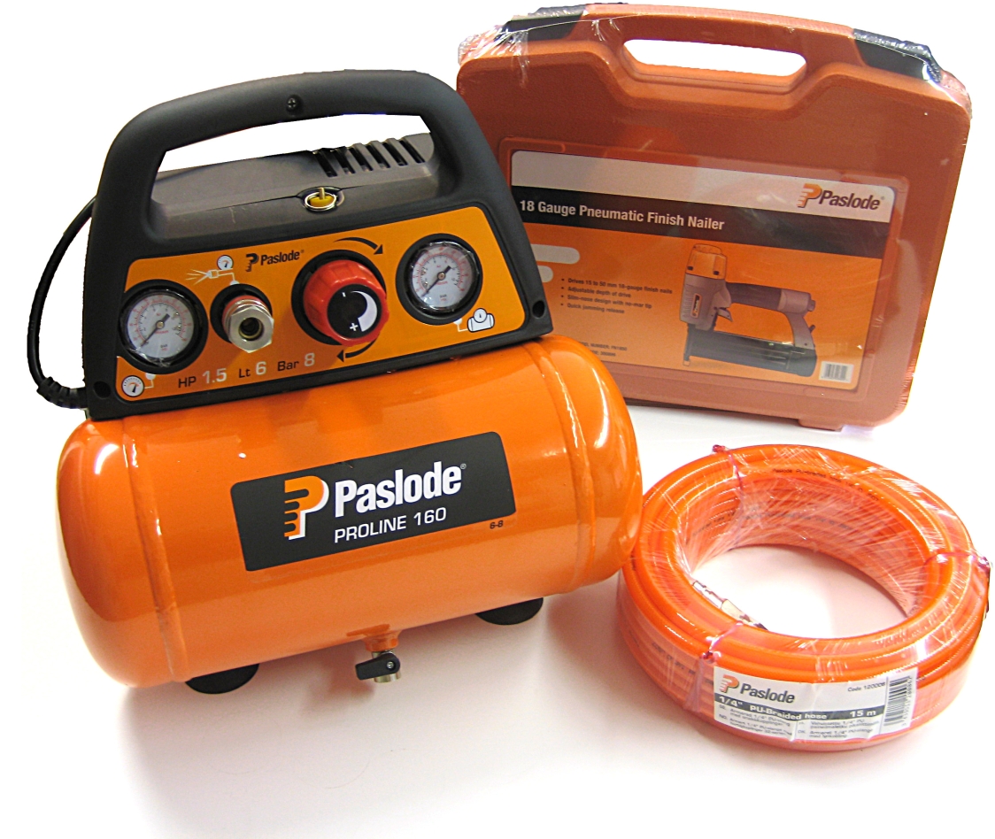 Paslode 142571 FN1850.2 Druckluftnagler (16 - 50 mm) Mini-Brads 1,2 mm + Proline 160 Kompressor