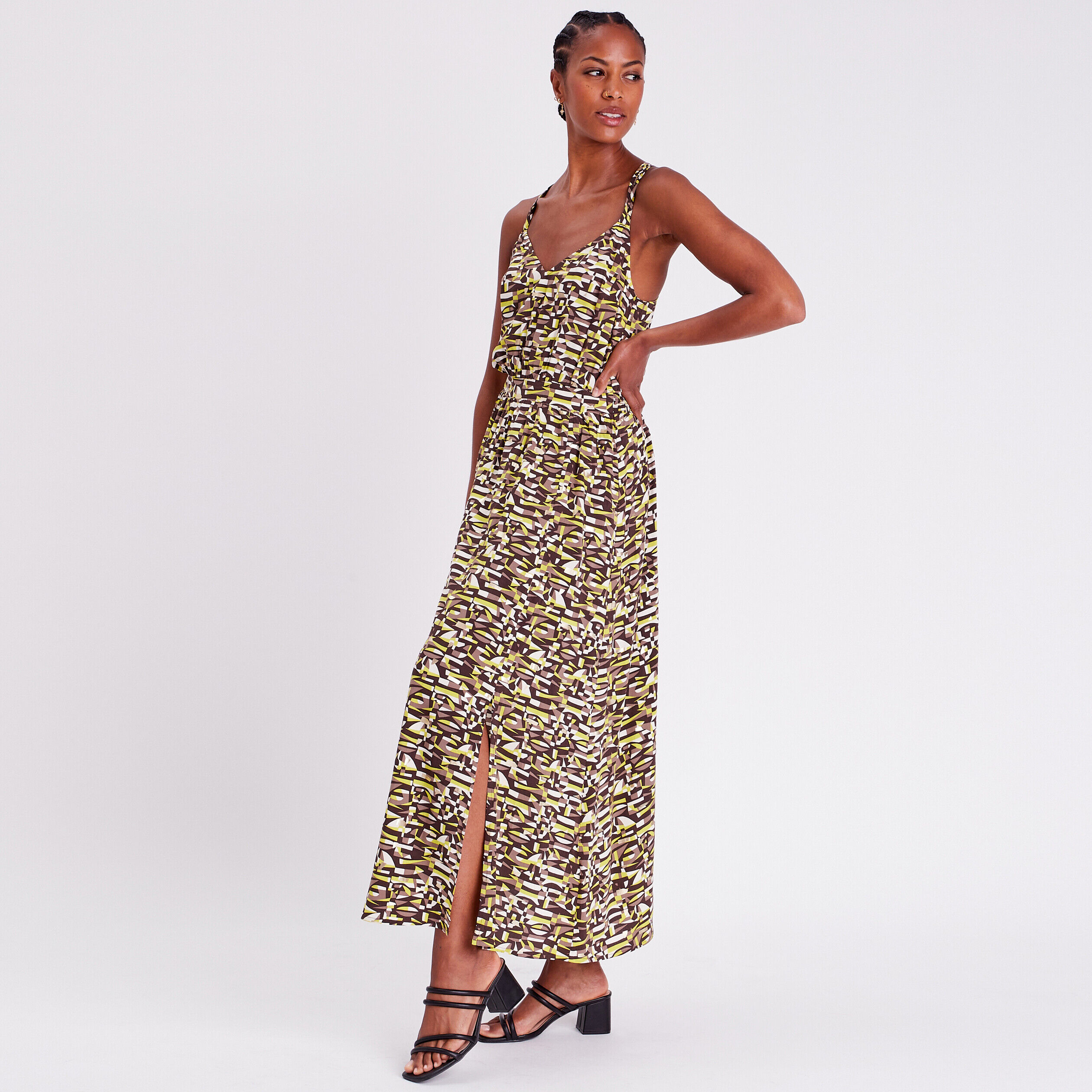 Robe longue évasée fendue marron femme | Cache Cache