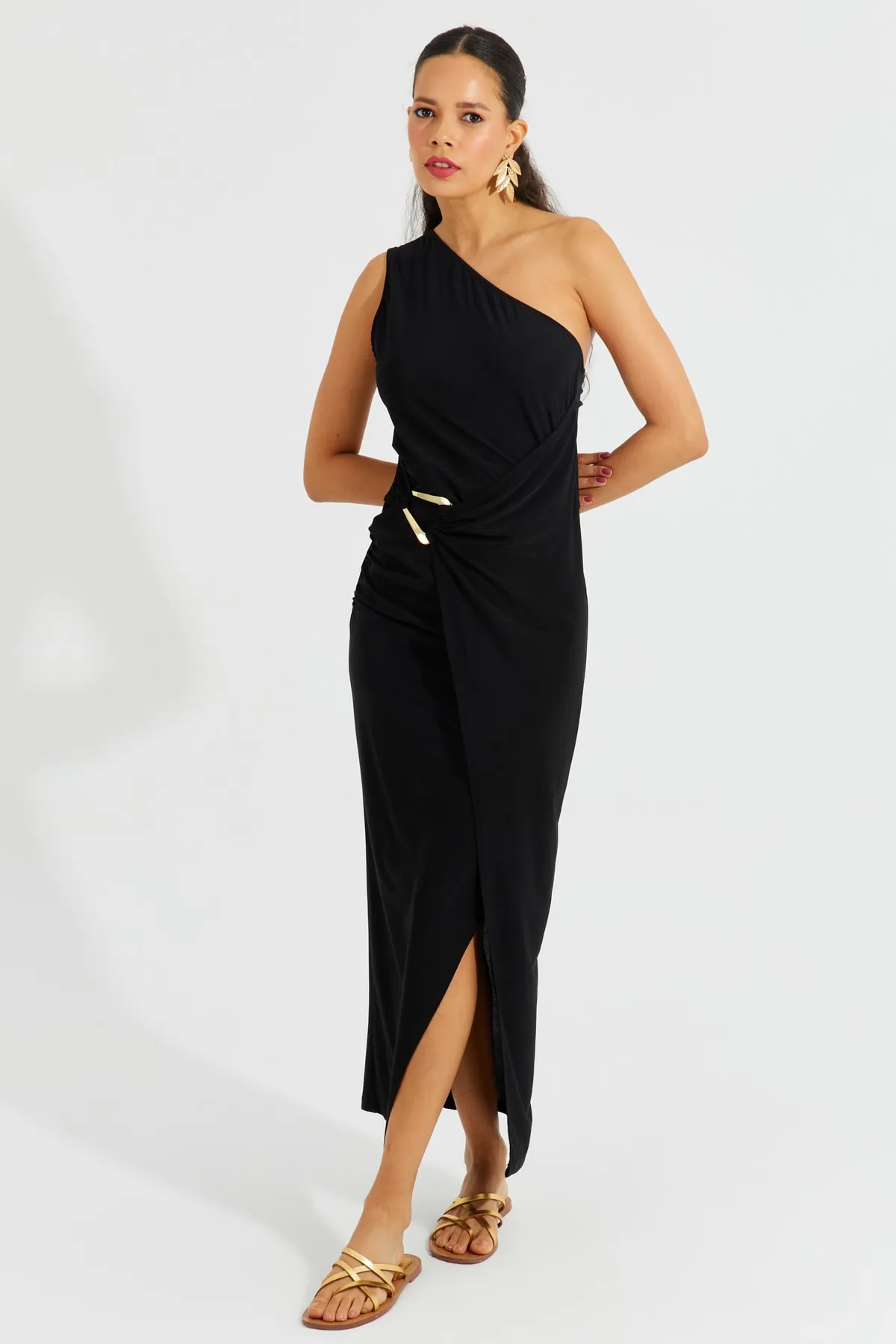 Cool & Sexy  Schwarzes One-Shoulder-Maxikleid mit Schnalle für Damen BK1658