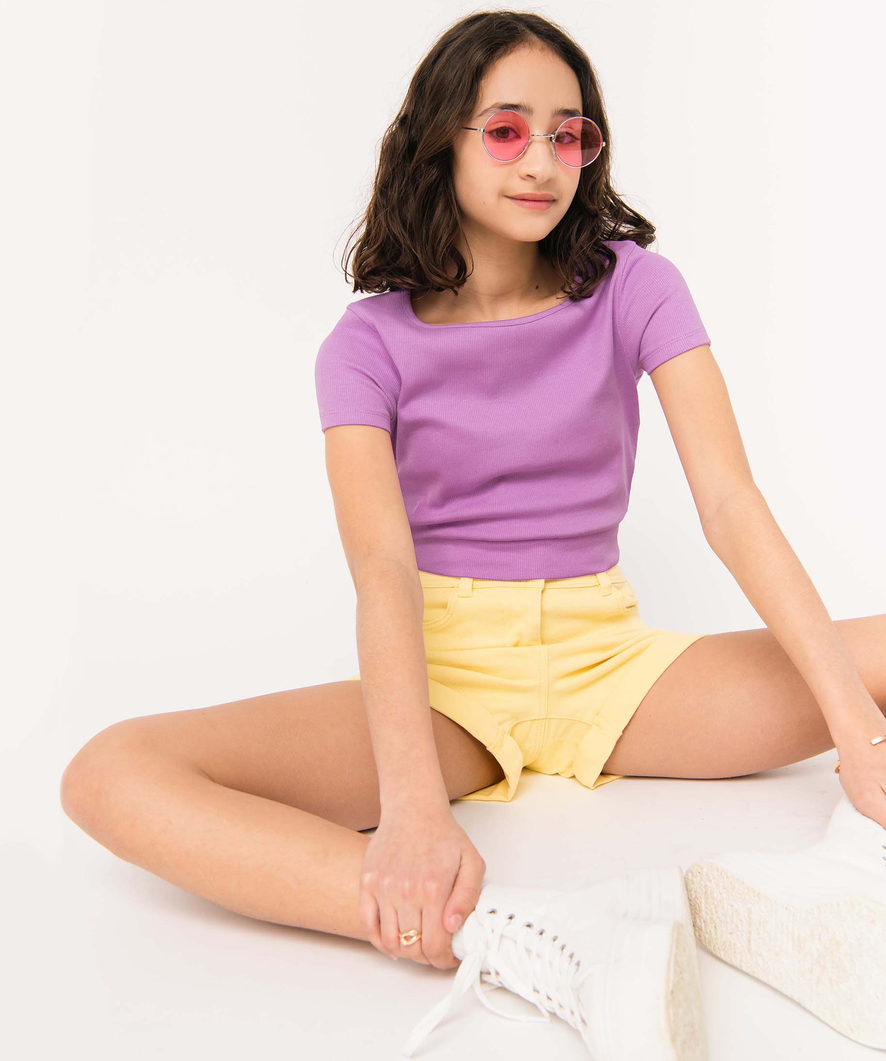 Tee-shirt fille en maille ctelée coupe courte violet | GEMO