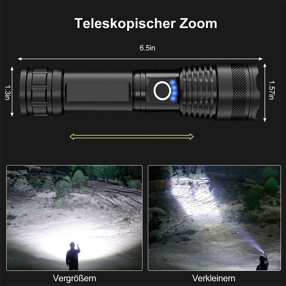 MDHAND Taschenlampe LED Taschenlampe USB Aufladbar Taktische Flashlight 5-Lichtmodi (1-St), Ideal für Outdoor Camping, Angeln, Nachts gehen