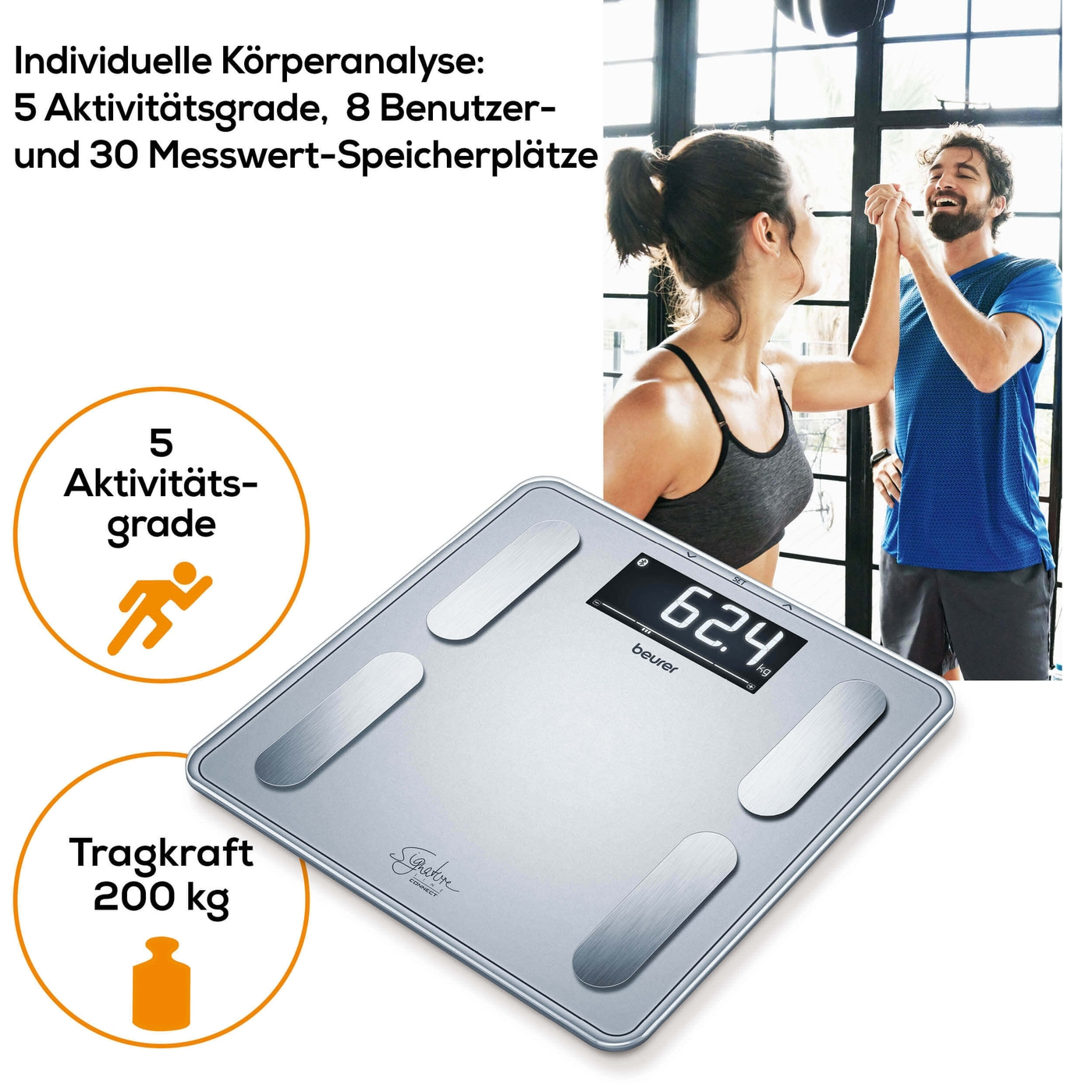 Beurer Diagnosewaage BF 405 Signature Line-Körperfettwaage mit Ganzkörperanalyse, Interpretation der Messwerte & App-Anbindung - bis 200 kg