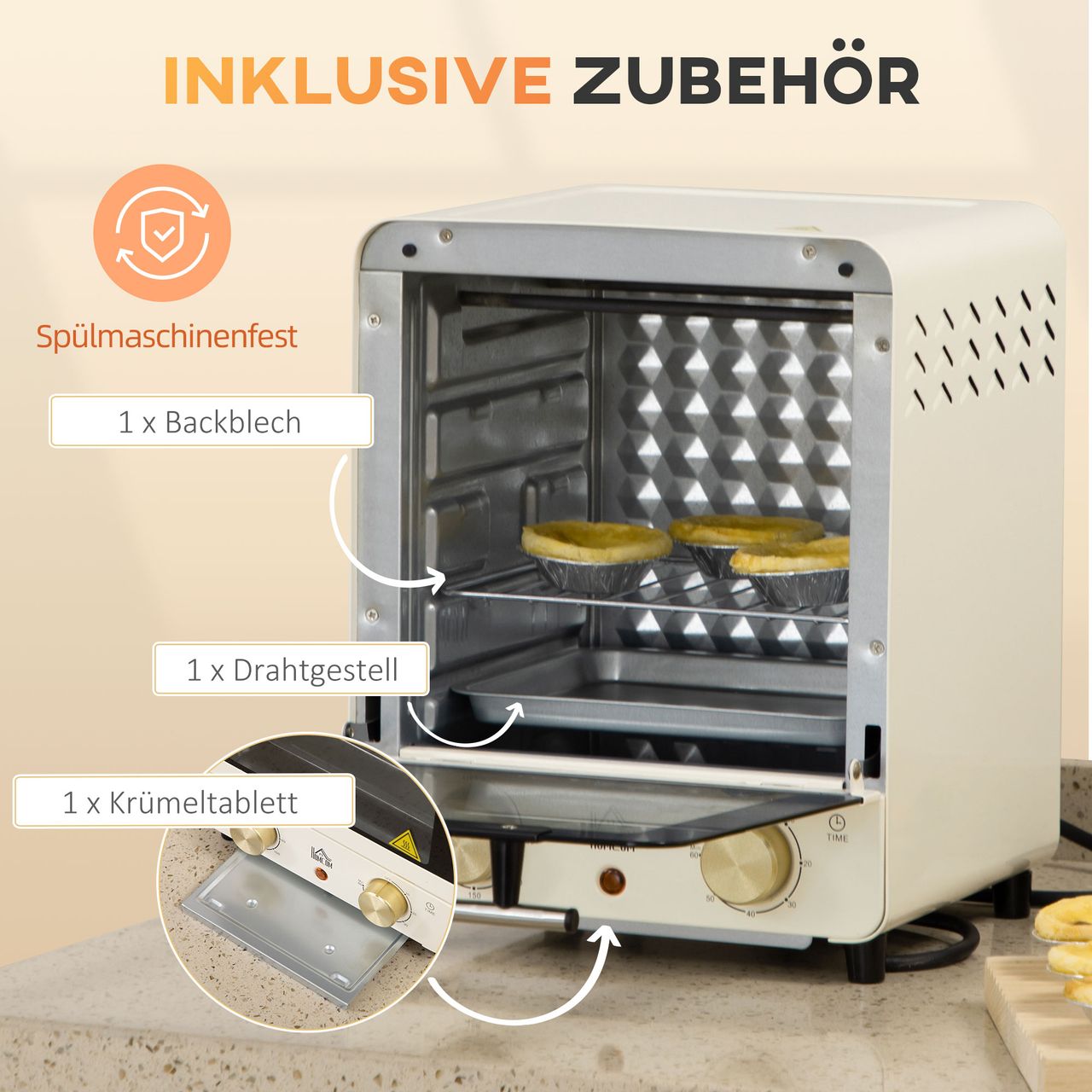HOMCOM 15L Minibackofen mit Umluft, 1000 W Pizza-Ofen mit Timer, 60-230, Creme