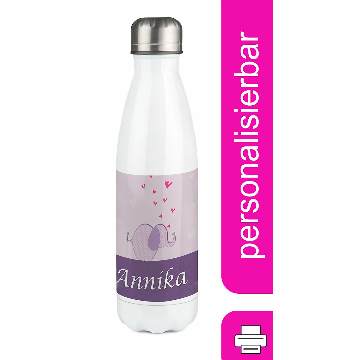 Edelstahl Kinder Thermoflasche / Trinkflasche bunt Elefant Farbe lila Spülmaschinenfest, Auslaufsicher, Bruchfest, Doppelwandig, Für Heißgetränke geeignet, Mit Deckel, Isoliert
