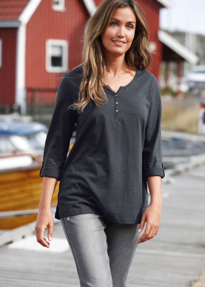 Leichtes Baumwoll Langarm-Shirt mit Knopfleiste
