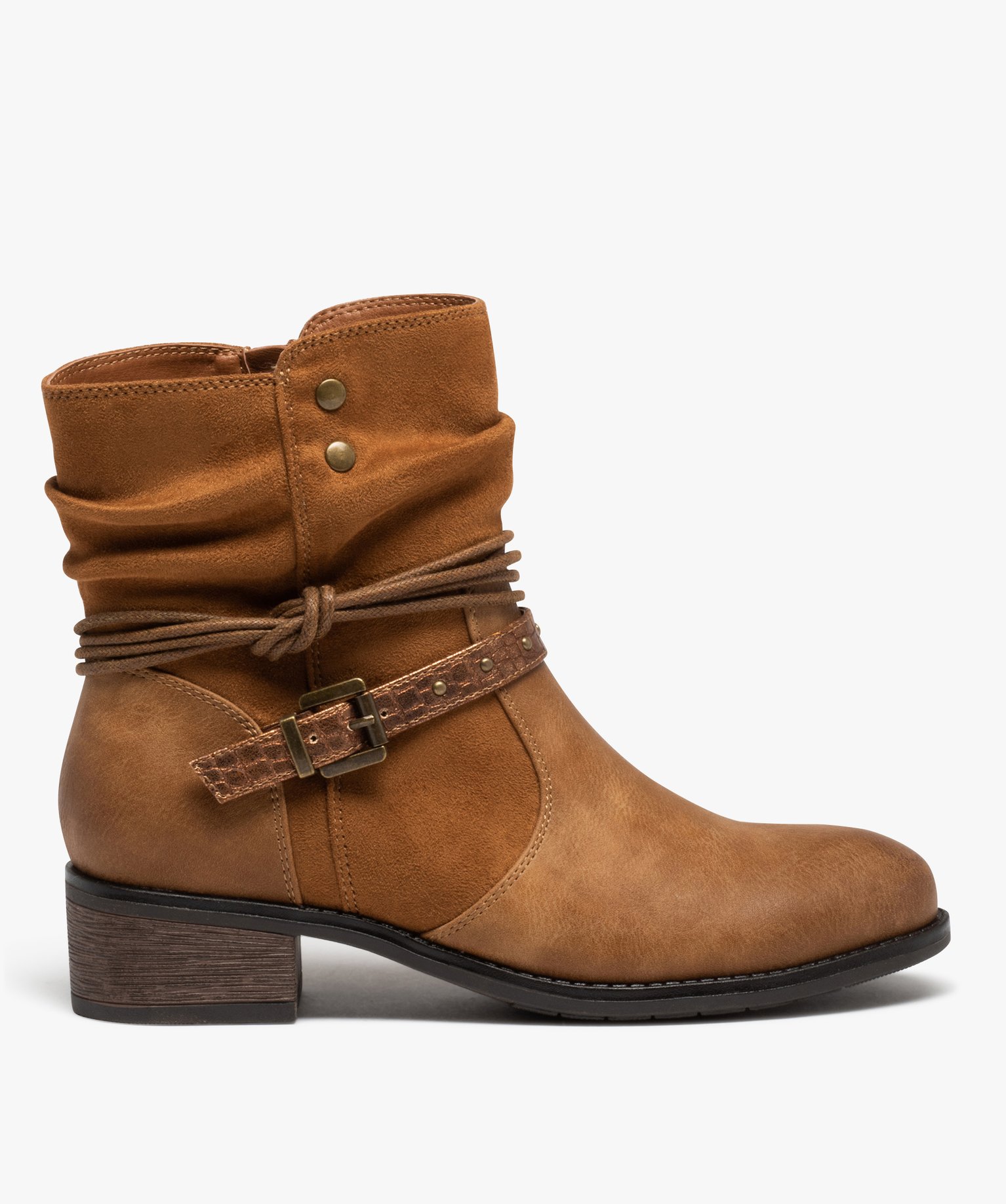 Boots femme dessus uni en suédine avec brides fantaisie camel | GEMO