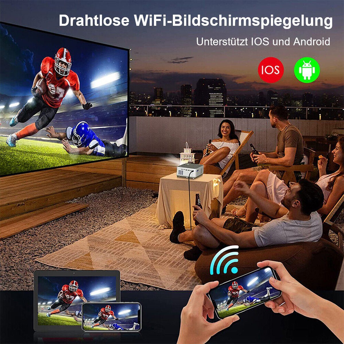Yoyaxi 8000LM WLAN-Projektor, kabellos, Heimkino, Kino, Film, USB, HDMI, AV Portabler Projektor (Kabelloser 200-Zoll-Großbildschirm, 8000 LM hohe Helligkeit)