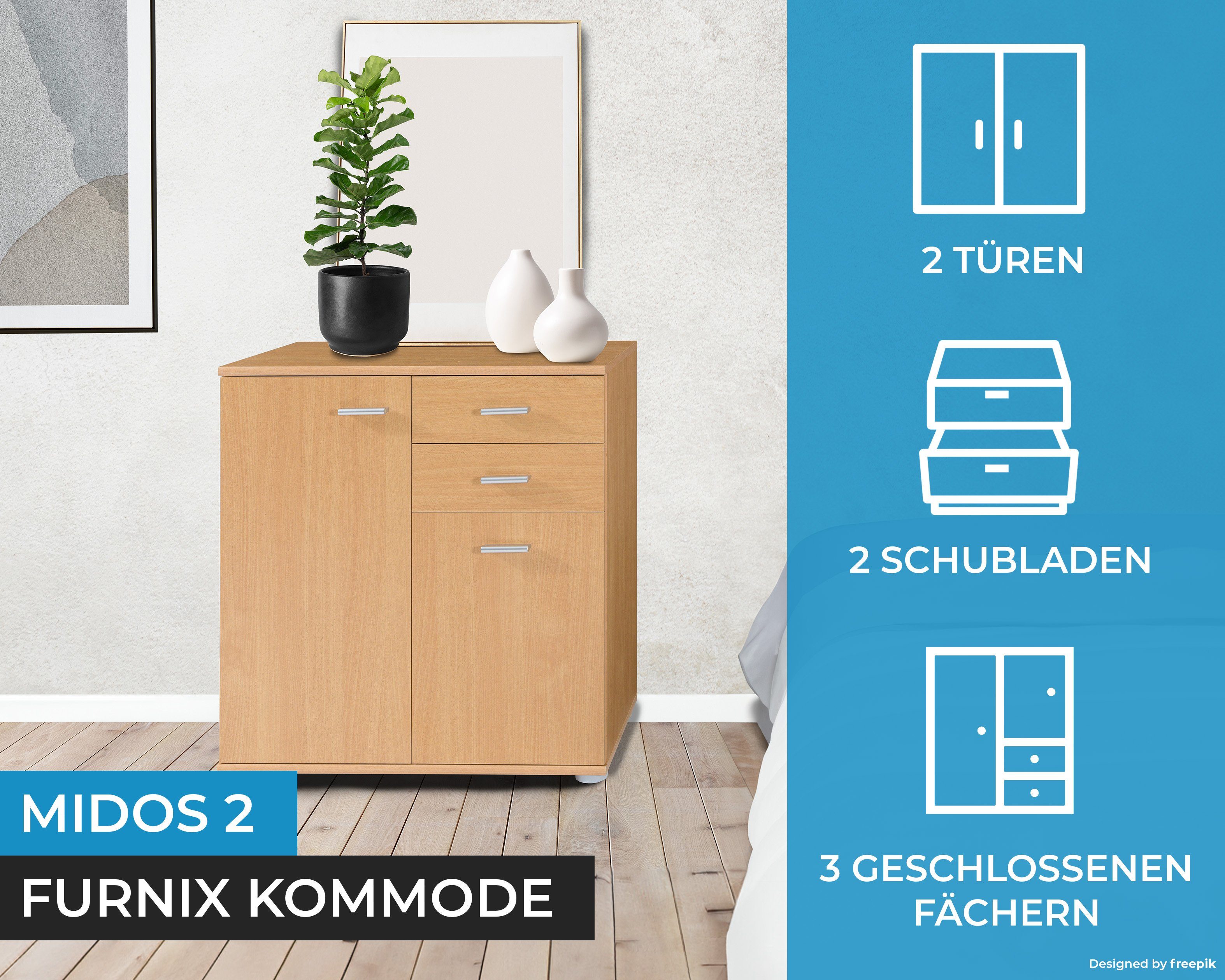 Furnix Kommode multifunktionaler klassischer Schrank MIDOS 2, mit 2 Türen und 2 Schubladen, B71 x H75 x T35 cm