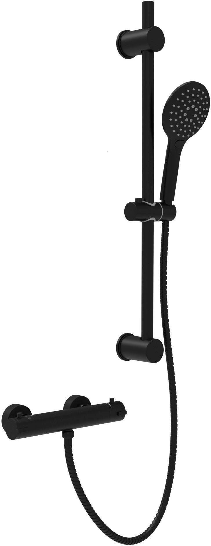 Schütte Duschsystem BLACK, Höhe 70 cm, 3 Strahlart(en), Überkopfbrauseset mit Thermostat, höhenverstellbar