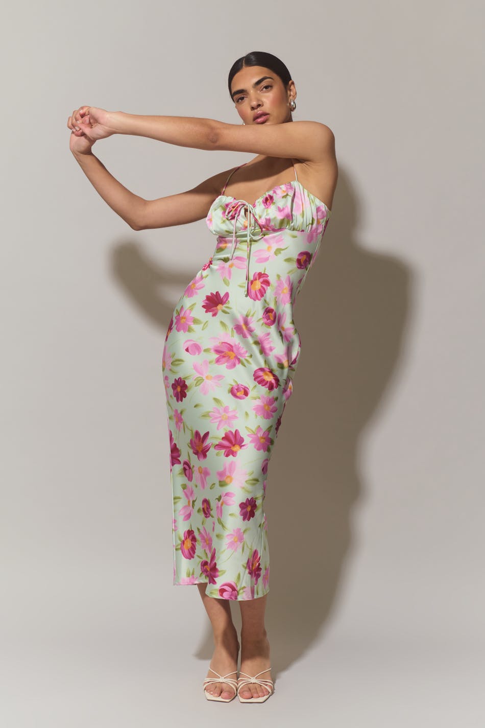 Gathered bust midi strap dress
