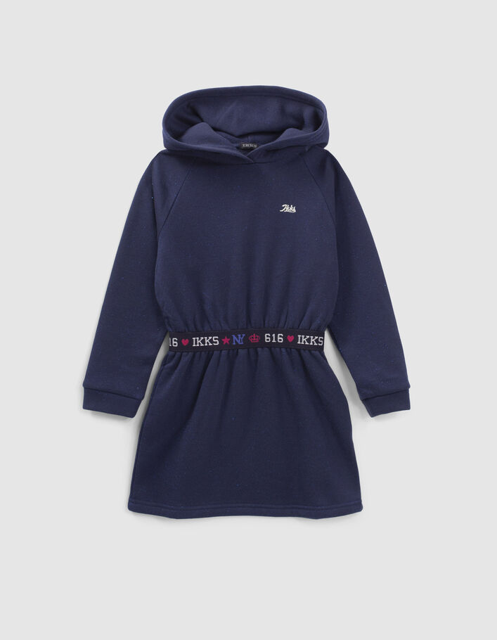 Robe sweat marine molleton pailleté à capuche fille
