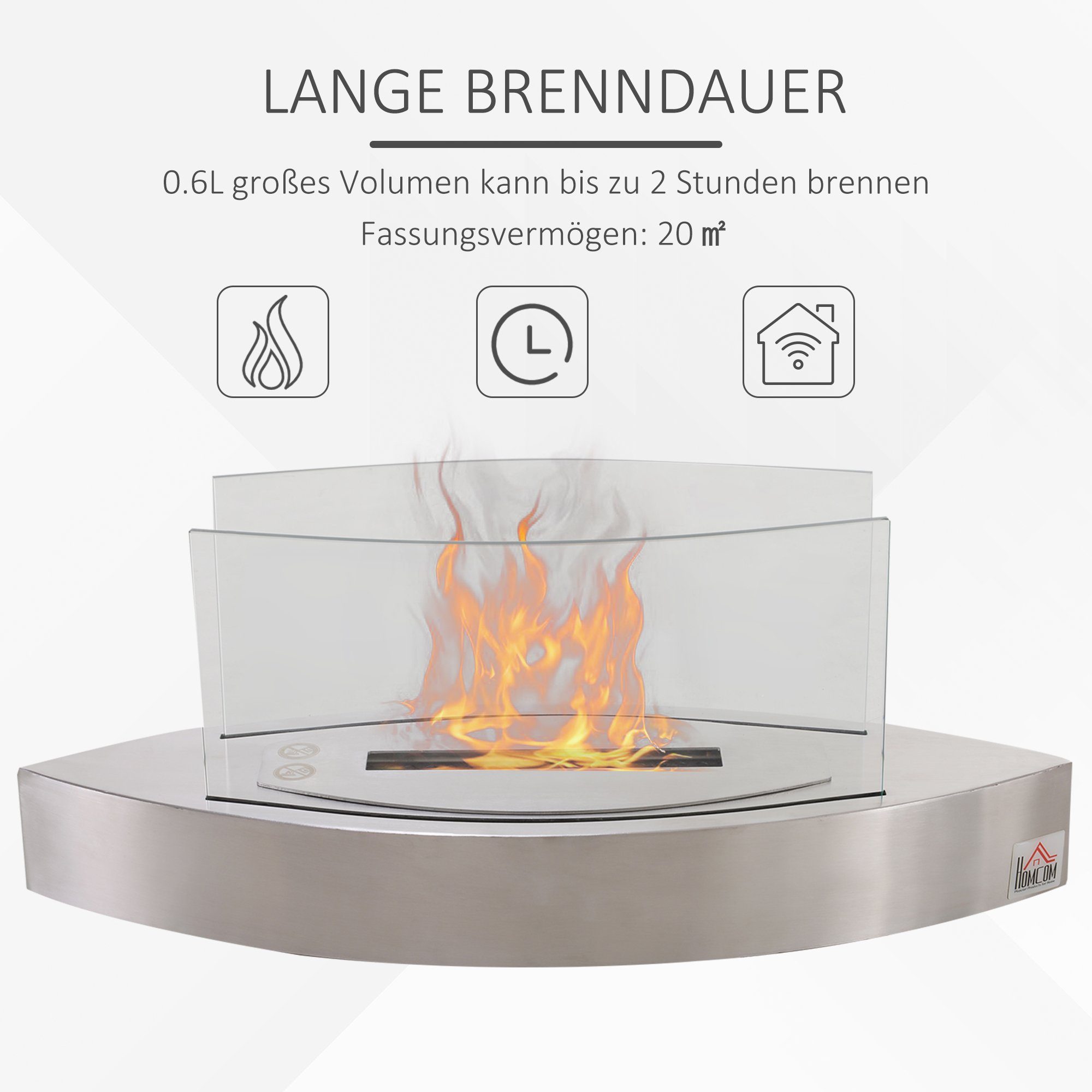 HOMCOM Echtfeuer-Dekokamin Ethanolkamin, Bio-Ethanol-Brenner 0,6 L, 2 Stdn. Brenndauer, 60 x 20 x 24 cm