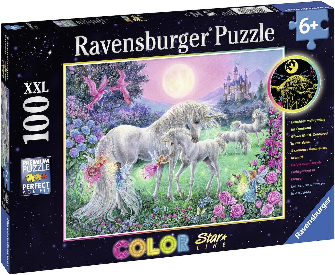 Ravensburger Puzzle Color Star Line, Einhörner im Mondschein, 100 Puzzleteile, leuchtet im Dunkeln, Made in Germany, FSC® - schützt Wald - weltweit