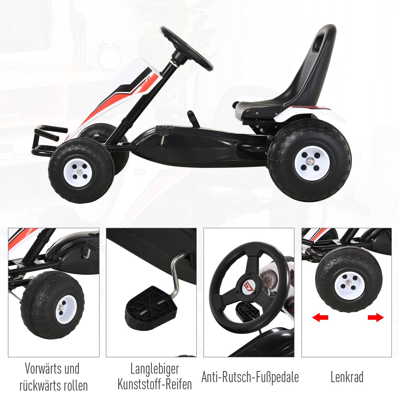 HOMCOM Go Kart Kinderfahrzeug Tretauto mit Pedal für 3-8 Jahre Stahl Weiß