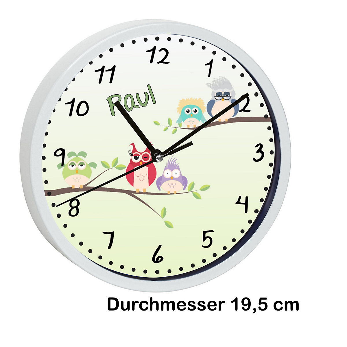Kinder Wanduhr laufruhig personalisiert mit Name Eulenfamilie