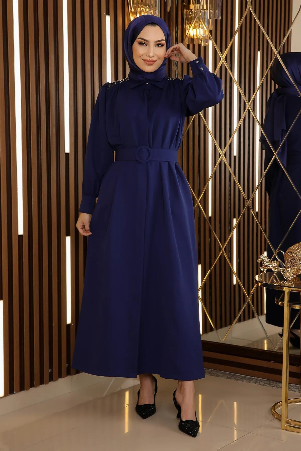 Modamihram  Steindetailliertes Kleid mit Gürtel Indigo 19115