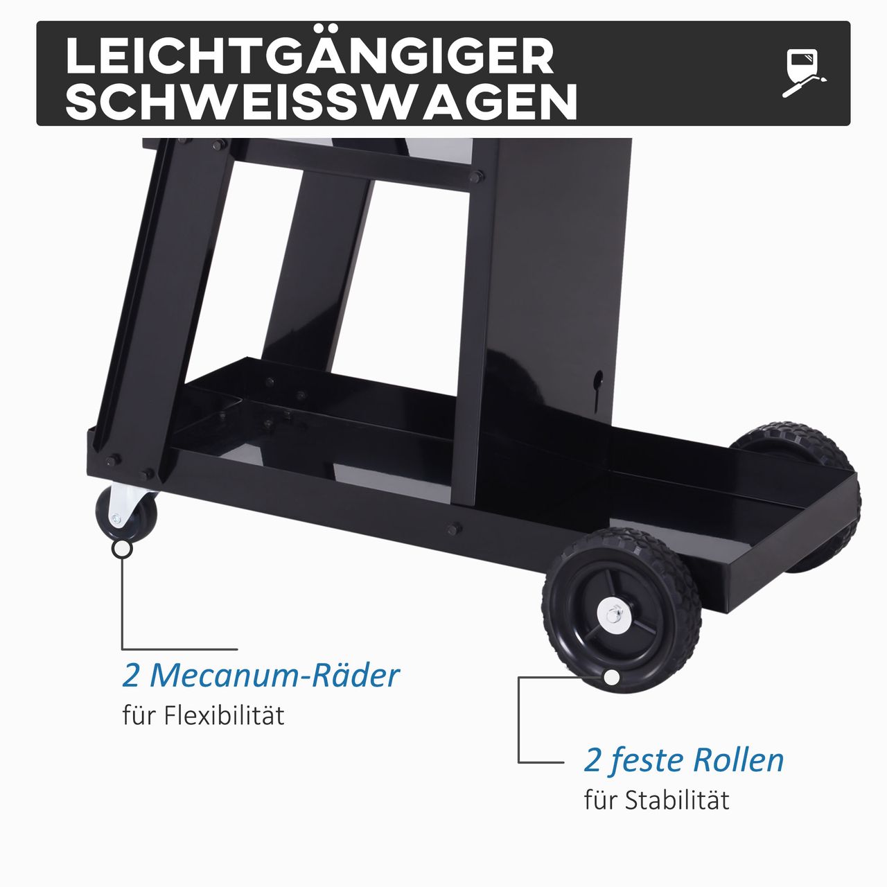 DURHAND Schweißwagen, Gasflaschenwagen, mit Sicherheitskette, 3 Regale, schwarz