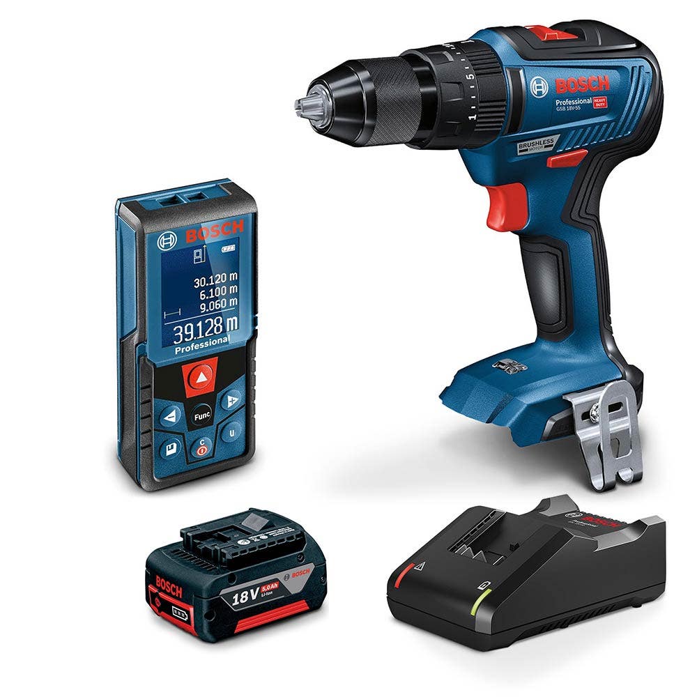 BOSCH 18V Brushless Hammer Drill & 40m Laser Distance Measurer 1 x 5.0Ah Combo Kit 0615990M5C