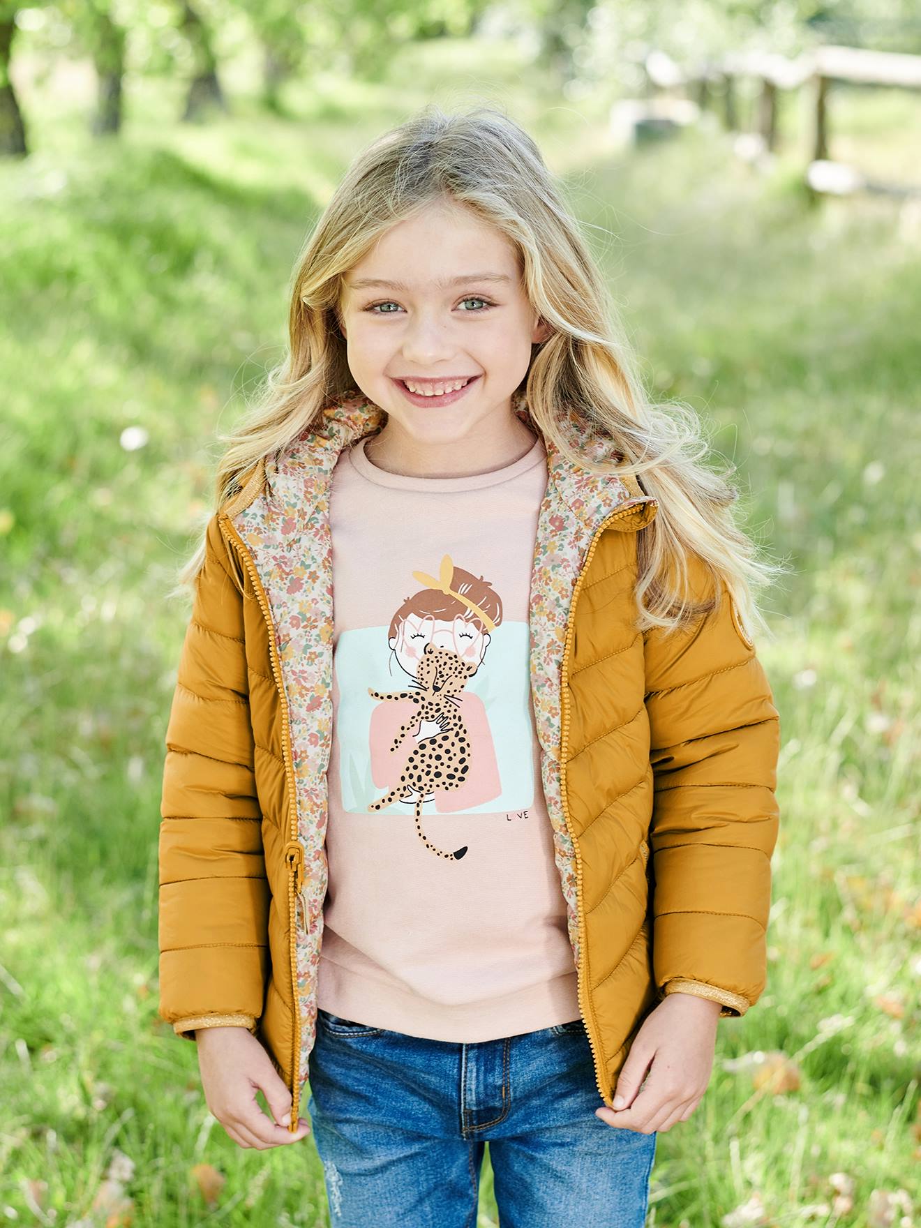 Doudoune à capuche légère réversible fille anthracite imprimé