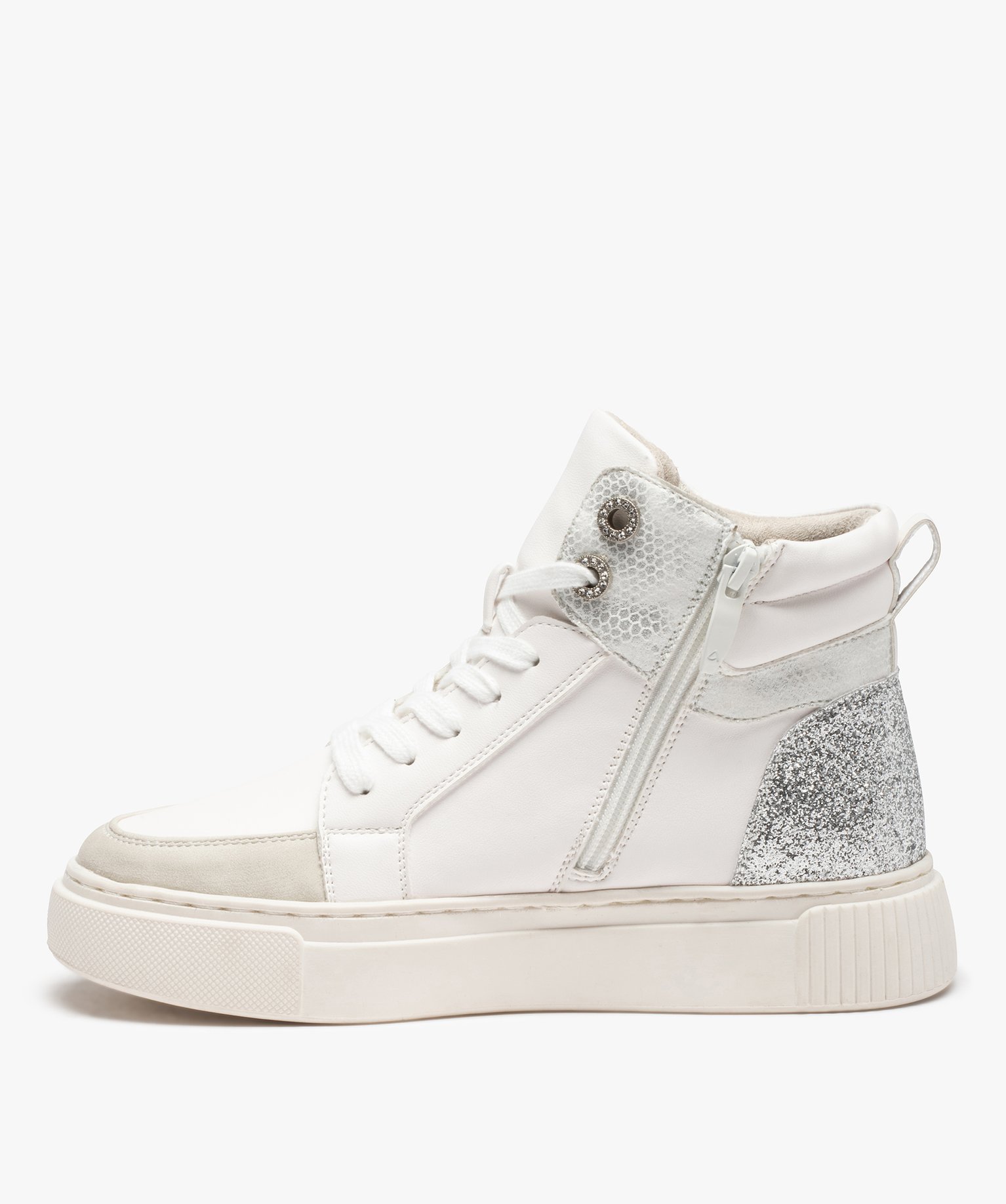 Baskets femme mid-cut à détails brillants fermeture zip blanc | GEMO