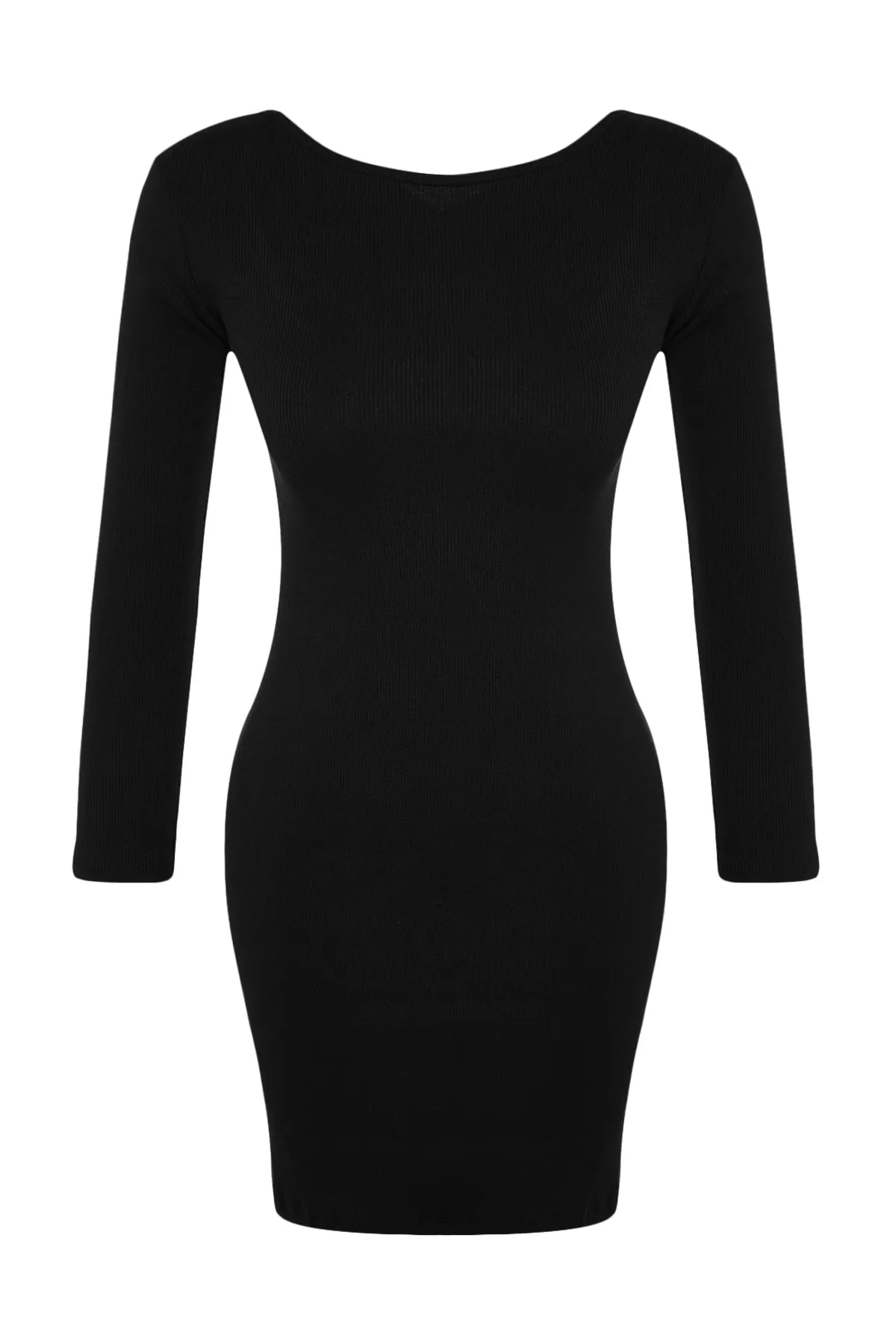 Trendyol Collection  Schwarzes, geripptes, figurbetontes Mini-Stretch-Strickkleid mit Rundhalsausschnitt und detailliertem Rundhalsausschnitt TWOAW24EL00390