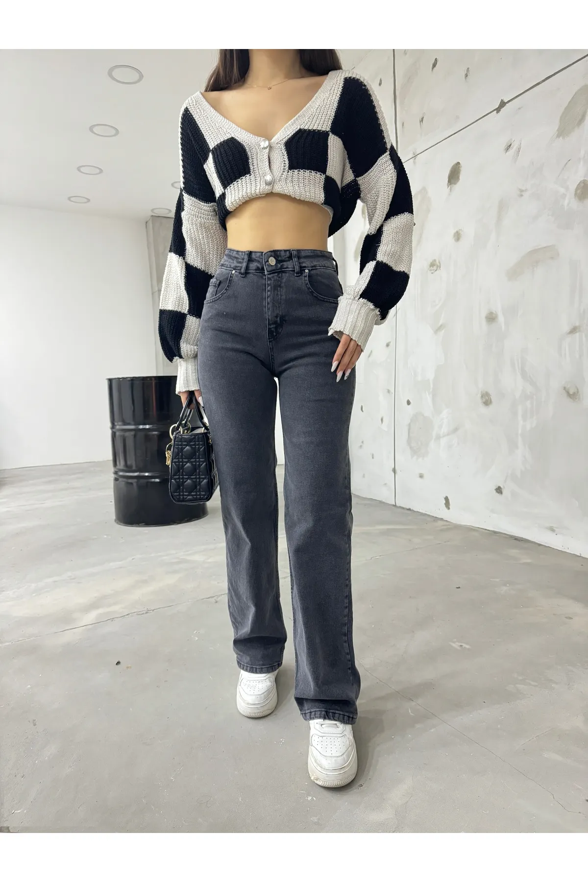 BİKELİFE  Geräucherte, dehnbare Lycra-Jeans mit weitem Bein und hohem Bund für Damen