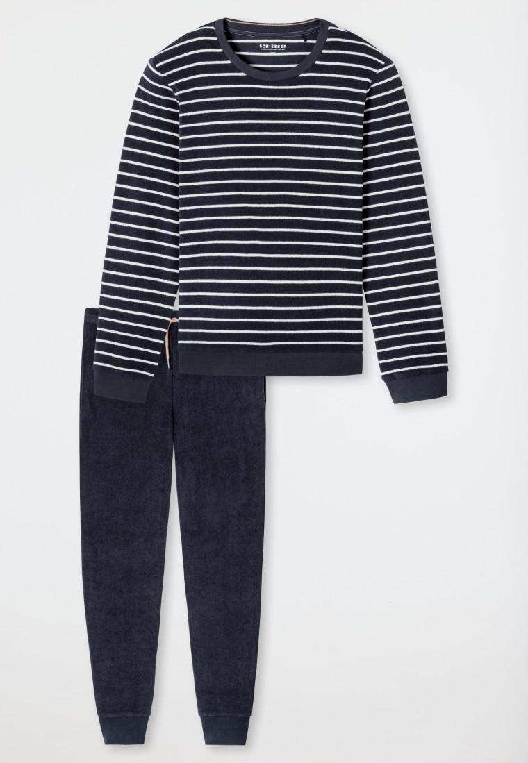 Schlafanzug lang Frotttee Bündchen Streifen nachtblau - Casual Nightwear