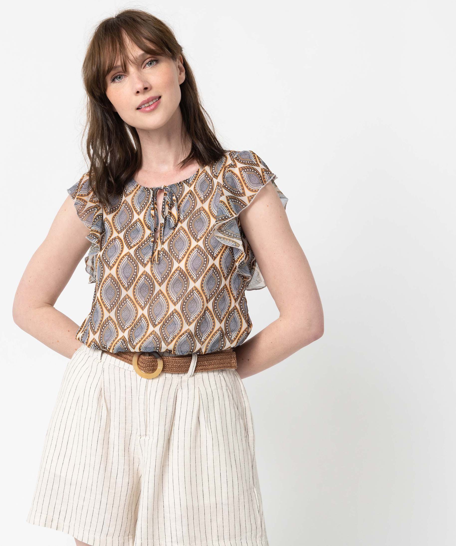 Blouse femme à manches courtes smockée dans le bas imprime | GEMO