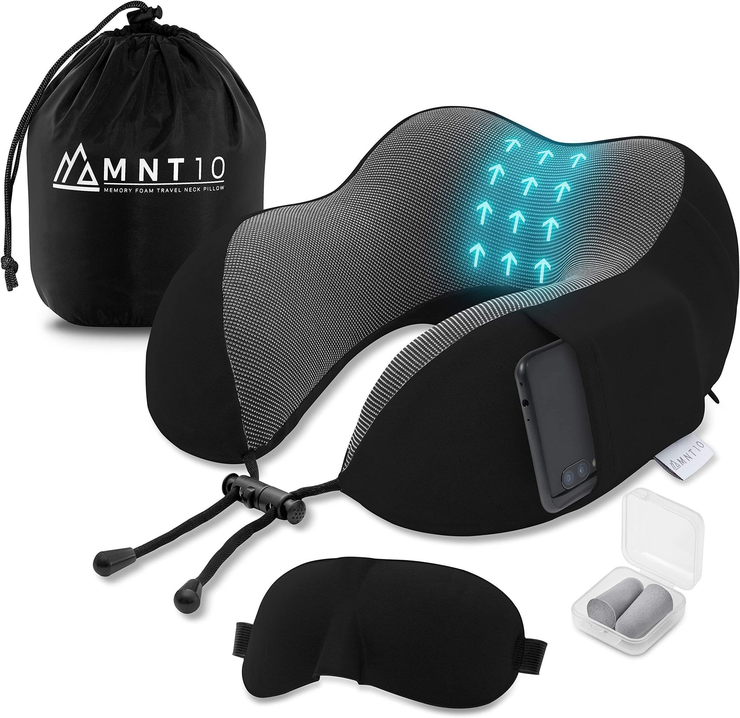 Nackenstützkissen Reise Nackenkissen Memory Foam + GRATIS Zubehör, Komprimierbar, MNT10, Nackenhörnchen Memoryschaum + GRATIS Schlafmaske