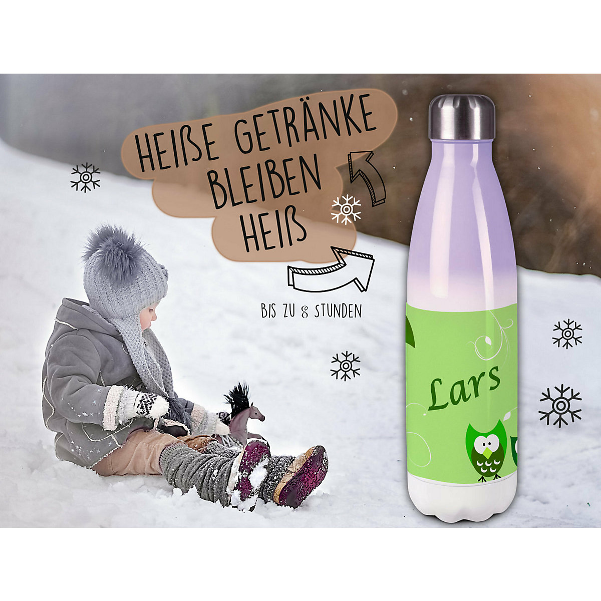 Edelstahl Kinder Thermoflasche / Trinkflasche bunt Eule Farbe grün Spülmaschinenfest, Auslaufsicher, Bruchfest, Doppelwandig, Für Heißgetränke geeignet, Mit Deckel, Isoliert