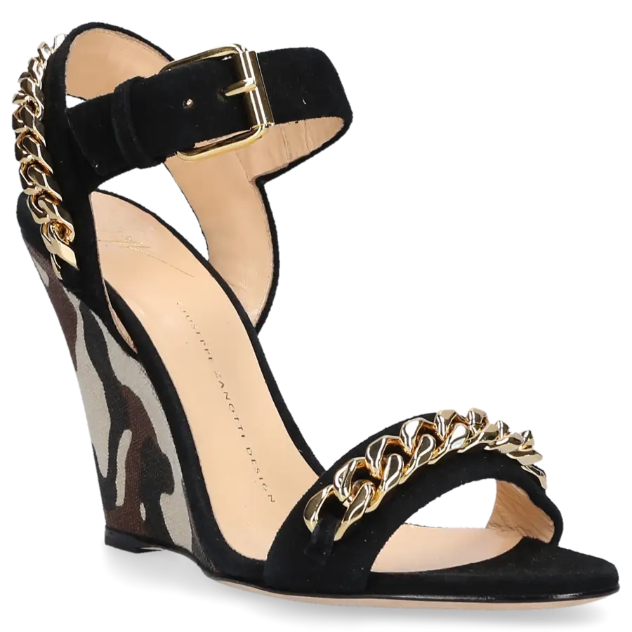 Giuseppe Zanotti - Keilsandalen Coline Knöchelriemchen Veloursleder schwarz Canvas Camouflage - schwarz
