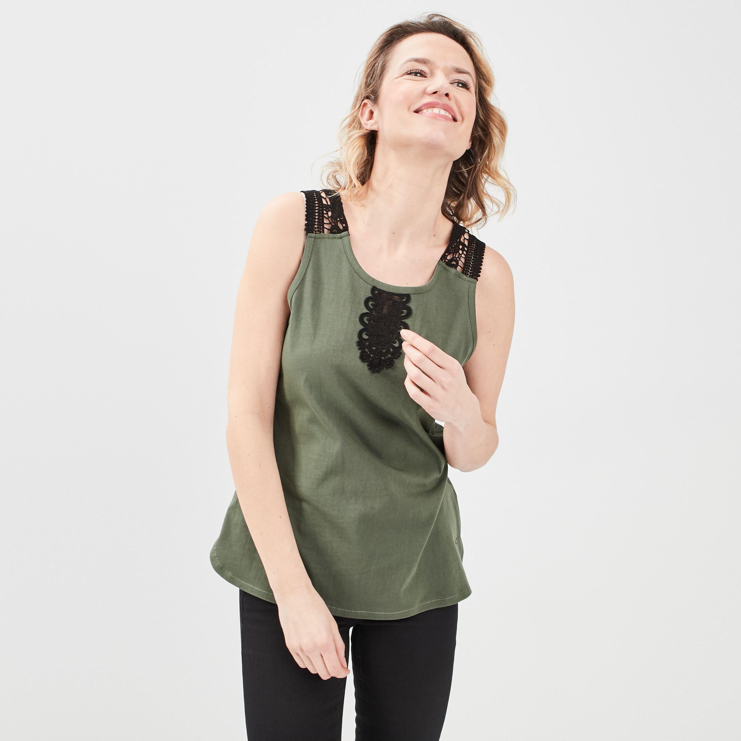 Débardeur empiècement broderie vert kaki femme | La Halle
