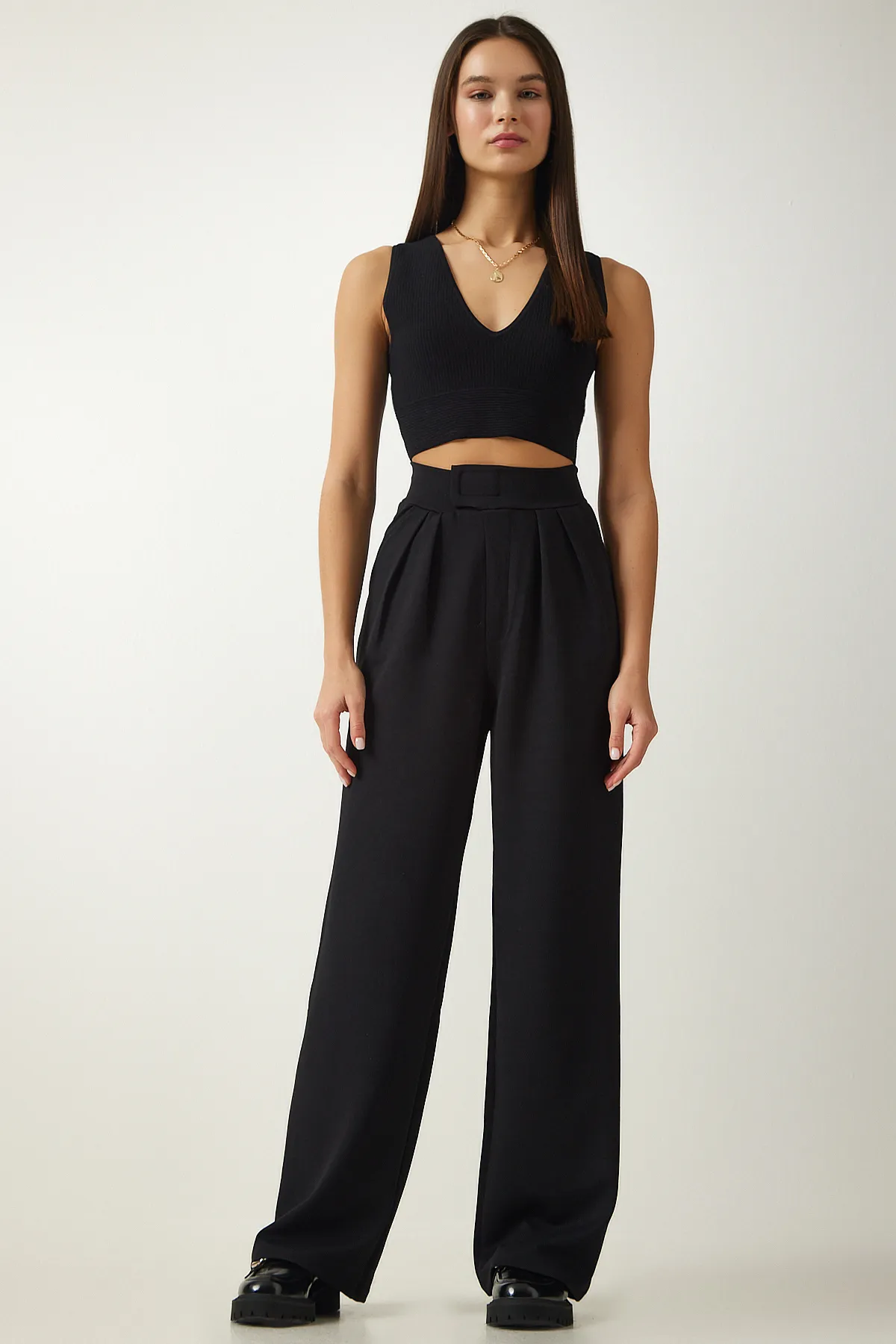 Happiness İstanbul  Bequeme Palazzo-Hose für Damen in Schwarz mit Klettverschluss am Bund Lİ00113