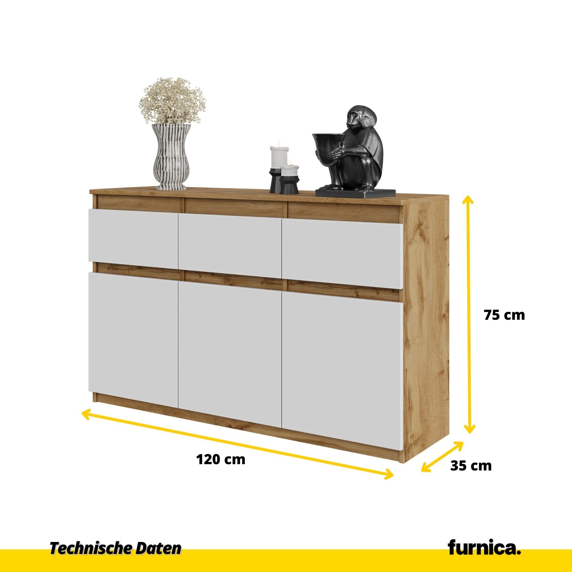 Furnica Kommode NOAH, 3 Schubladen und 3 Türen - Votan Eiche H75cm B120cm T35cm (1 St)