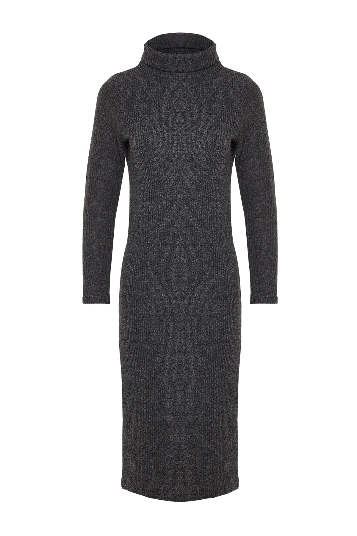 Trendyol Collection  Anthrazitfarbenes, geripptes, flexibles, gerades Maxi-Strickkleid mit Rollkragen TWOAW24EL00621