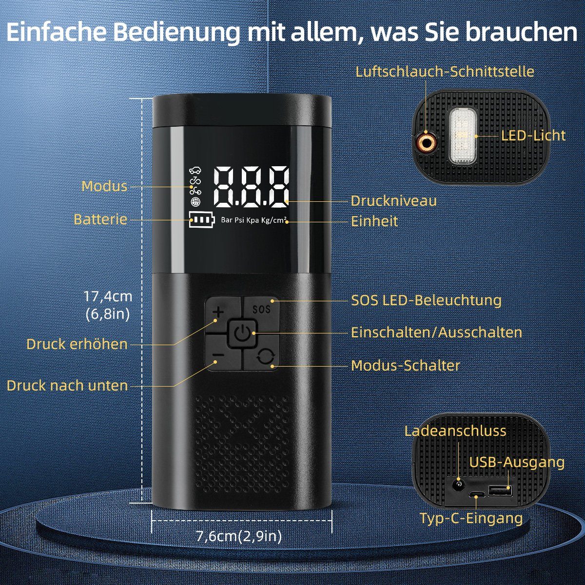 7Magic Luftpumpe Elektrische Luftpumpe mit 6000mAh Akku, AutoOff, USB-Powerbank, 150PSI Luftpumpe mit Manometer für Auto Fahrrad Motorrad Bälle