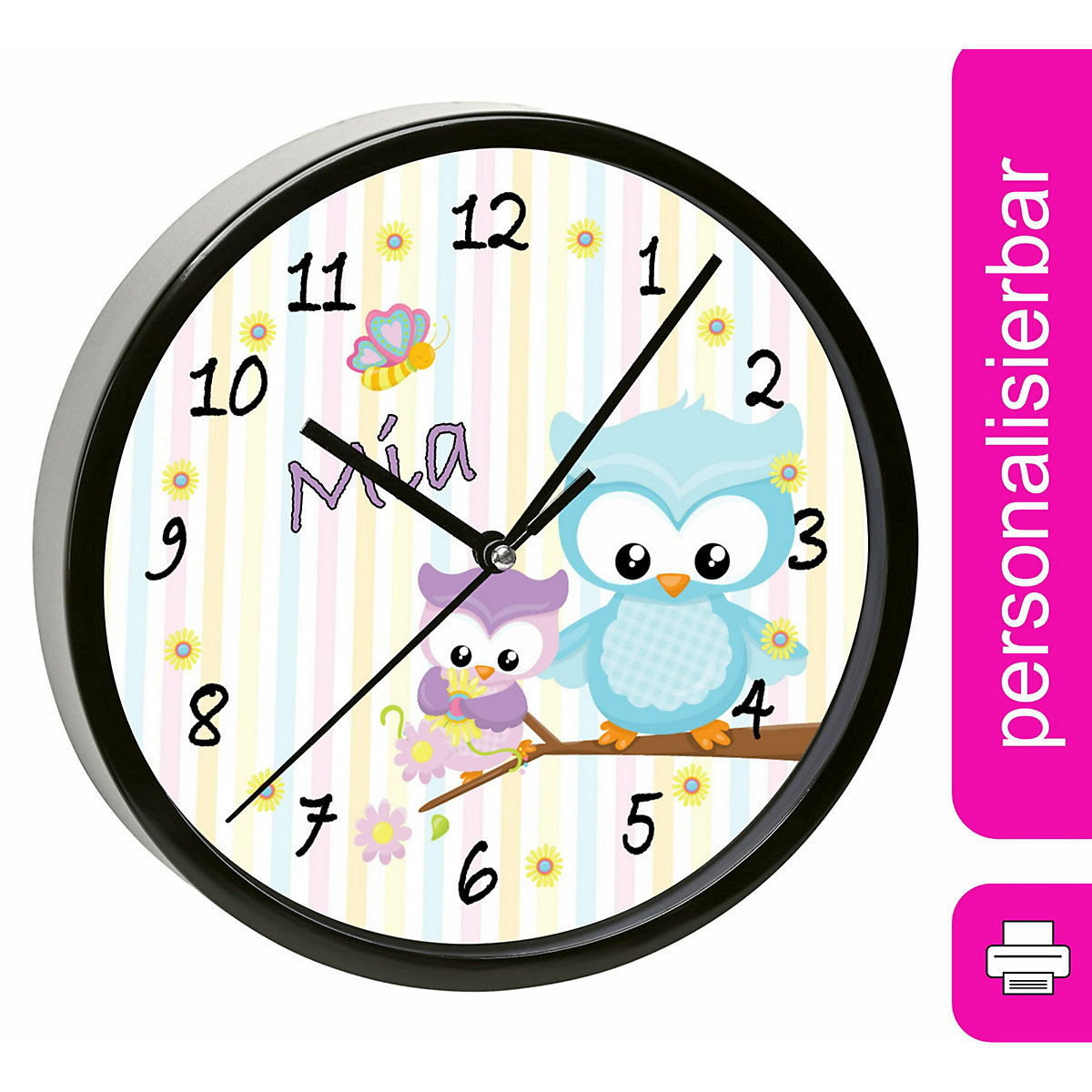 Kinder Wanduhr personalisiert mit Name Eule Frühling