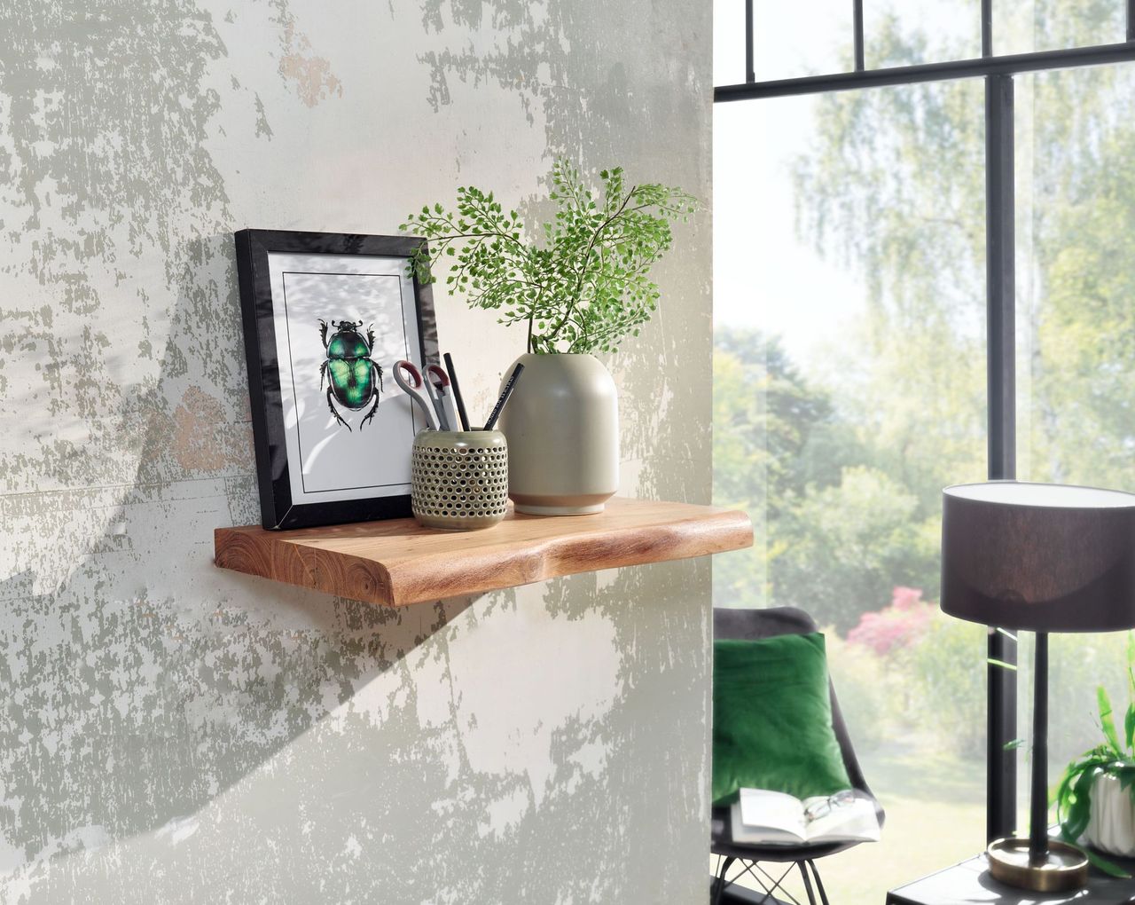 Skyport WOHNLING Wandregal Baumkante Akazie Holz Design Schweberegal 40 cm Regal Massiv