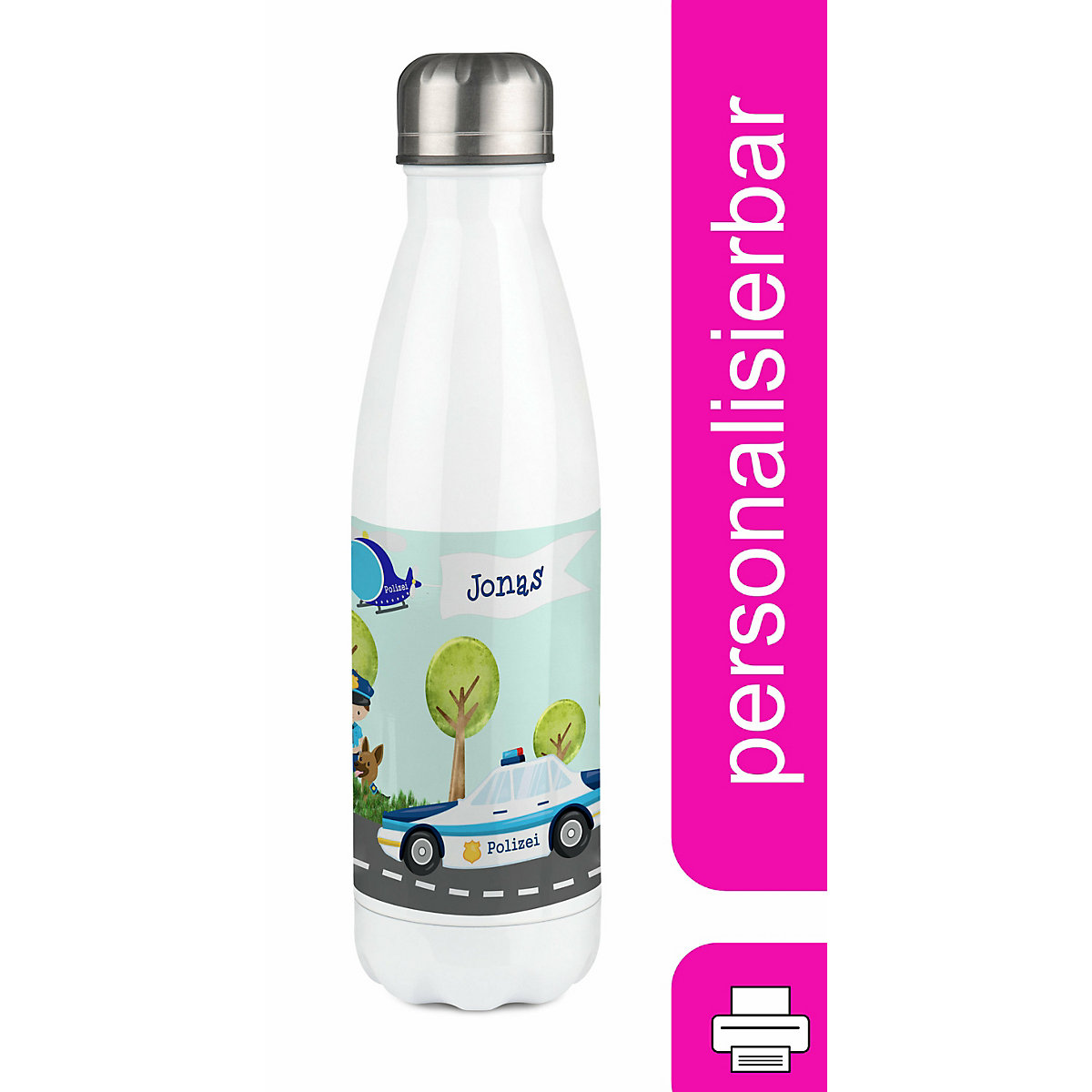Edelstahl Kinder Thermoflasche / Trinkflasche bunt Polizei Spülmaschinenfest, Auslaufsicher, Bruchfest, Doppelwandig, Für Heißgetränke geeignet, Mit Deckel, Isoliert