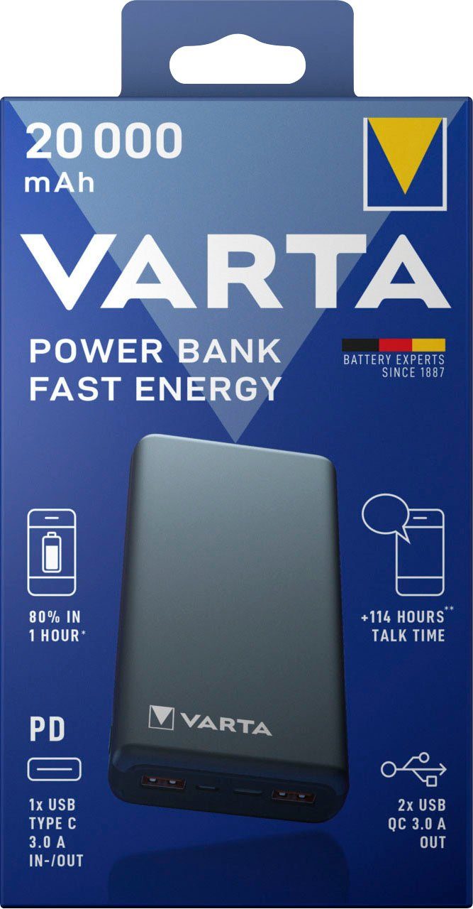 VARTA Power Bank Fast Energy 20000 mAh, inkl. Ladekabel Powerbank, Powerbank mit 4 Anschlüssen