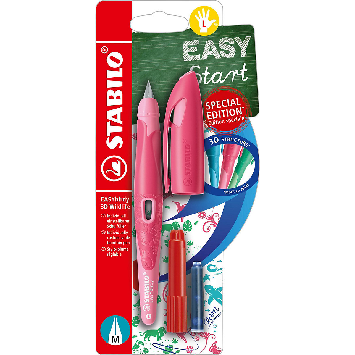 Schulfüller EASYbirdy Linkshänder M-Feder 3D Wildlife Special Edition rosa, inkl. Patrone und Einstellwerkzeug