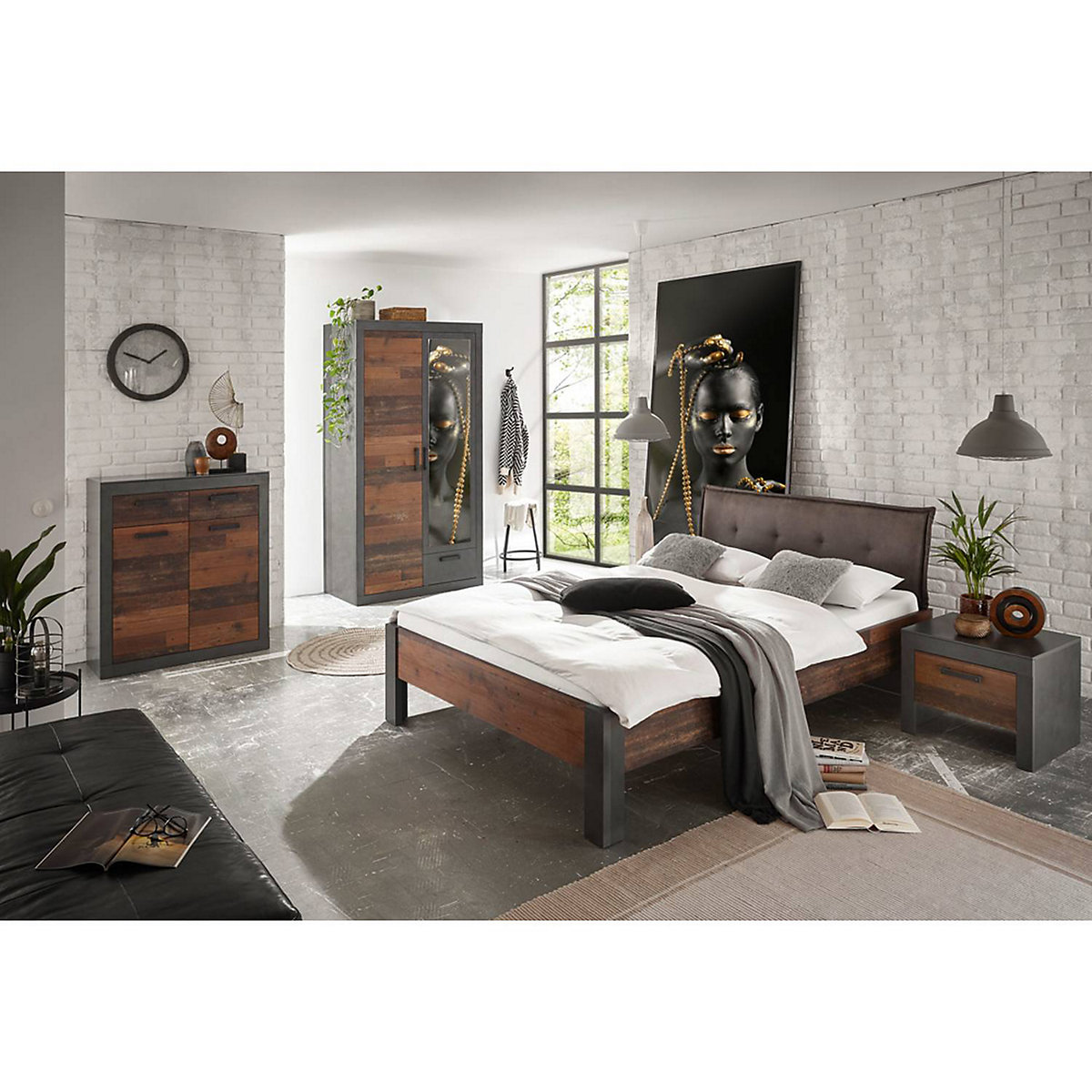 Schlafzimmer Kombination Industrial Look BERLIN-S-61 Liegefläche 140x200 cm, in Matera anthrazit/grau mit Old Mix Dekor